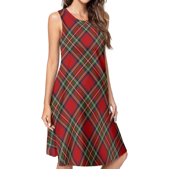 Royal Stewart Tartan Cross Plaid Spring Summer Dresses for Women Fashion T-shirt Dress Casual Sleeveless Loose Sundress with Pockets