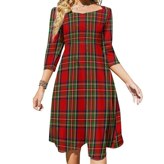 Royal Stewart Tartan Plaid Flare Dress Square Neck Dress Elegant Female Fashion Printed Dress