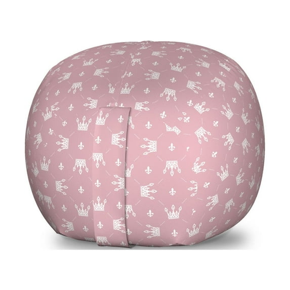 Royal Storage Toy Bag Chair, Simplistic Retro Style Pattern with Cartoon Crowns and Fleur De Lis Ornate, Stuffed Animal Organizer Washable Bag, Large Size, Dried Rose and White, by Ambesonne