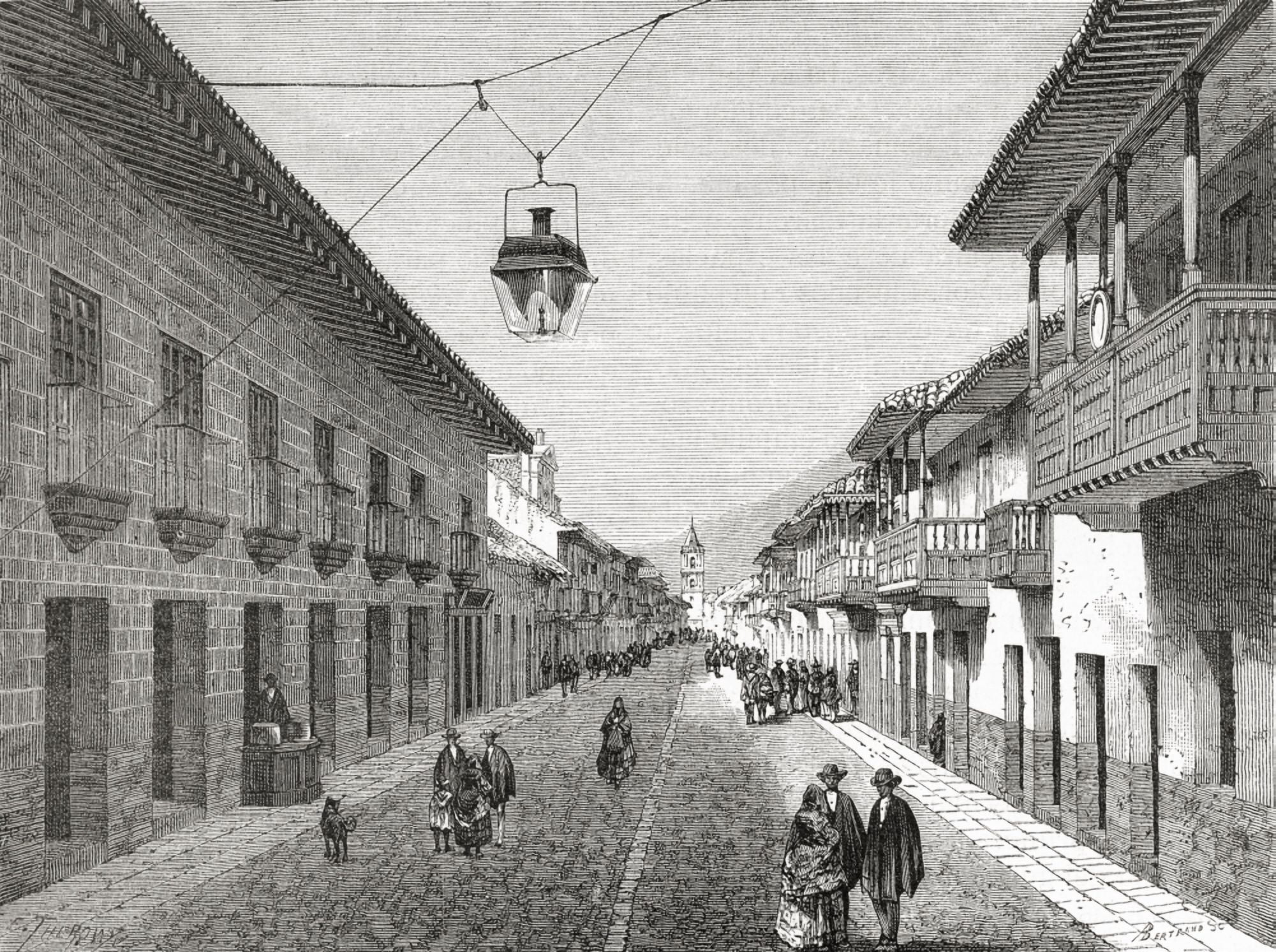 Royal Street BogotaColumbia South America In The 19Th Century From El Mundo En La Mano Published 1875 Canvas Art - Ken Welsh Design Pics (16 x 12)