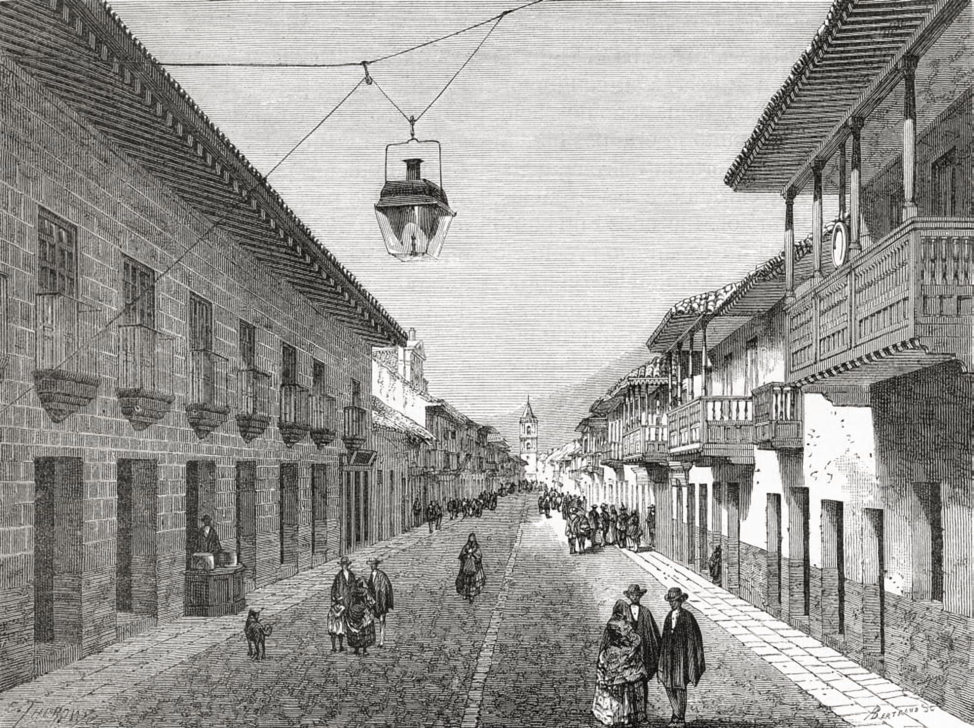 Royal Street BogotaColumbia South America In The 19Th Century From El Mundo En La Mano Published 1875 Canvas Art - Ken Welsh Design Pics (32 x 24)