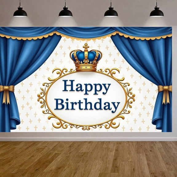 Royal Style Banner Blue Gold Prince Birthday Backdrop Crown Design Ornate Frame King Theme Background for Birthday Party Prince Celebration Royal Event