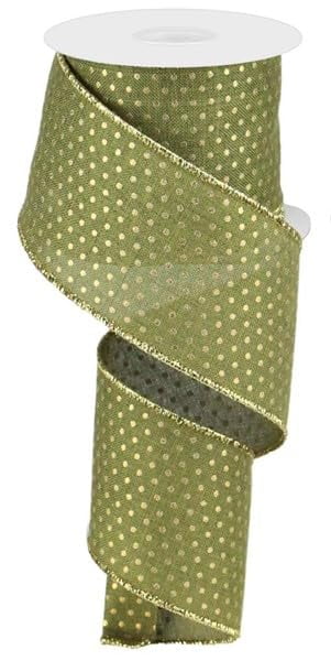 Royal Swiss Dots Wired Ribbon - Fern Moss Green and Gold- 2.5 inches x 100ft