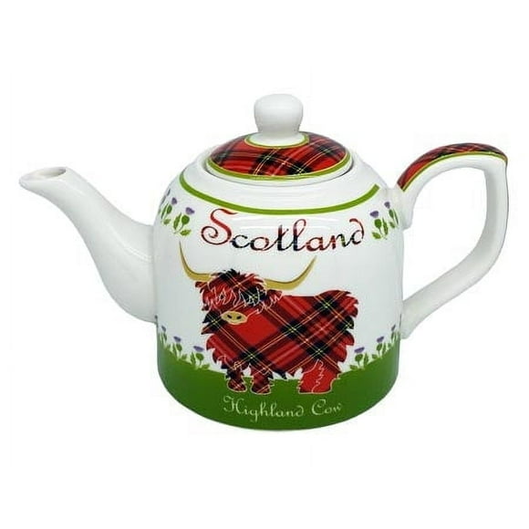 Royal Tara Highland Cow Bone China Teapot White and Green Tone Ceramic Infuser Scottish Kitchenware Teatime Capacity 22 Oz