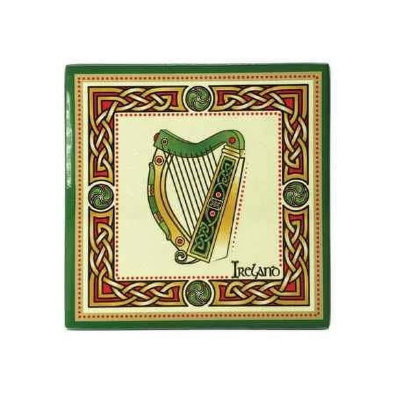 Royal Tara Irish Harp Ceramic Coaster Tabletop Protection Square, Irish Traditional Design, Heat-Resistant