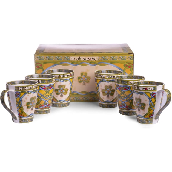 Royal Tara Irish Shamrock Set of 6 Mugs Clover Celtic Design | Capacity 380 ml/13 fl oz in Green Color | Ireland Luck Christmas Gift Box