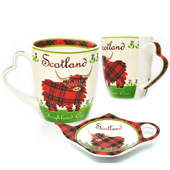 Royal Tara Scotland Set of 2 Tartan Cow Mug/Cup and Teabag Holder