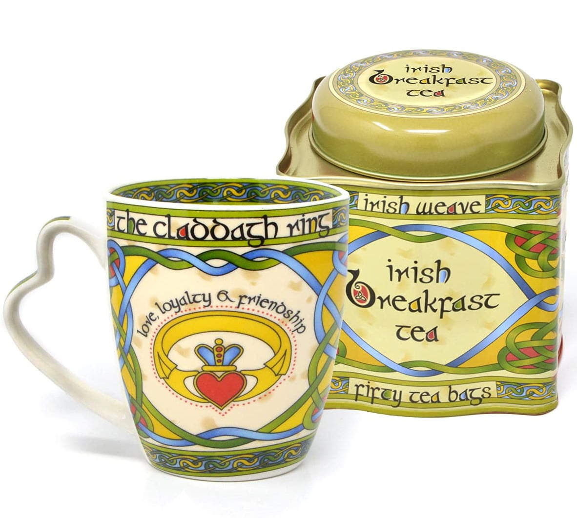 Royal Tara Set of 1 Irish Claddagh Ring Mug & 1 Breakfast Tea - Irish Weave Reusable Tin 50 Count Tea Bags