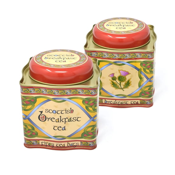 Royal Tara Set of 2 Scottish Breakfast Tea- Celtic Weave Metal Tin 50 Irish Tea Bags -Assam, Ceylon, and Africa Blend Tea- Gourmet