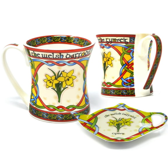 Royal Tara Set of 2 Welsh Daffodil Mug/Cup (Capacity 325ml/11fl oz) & Welsh Daffodil Teabag Holder (approx. 3.3in x 5in)