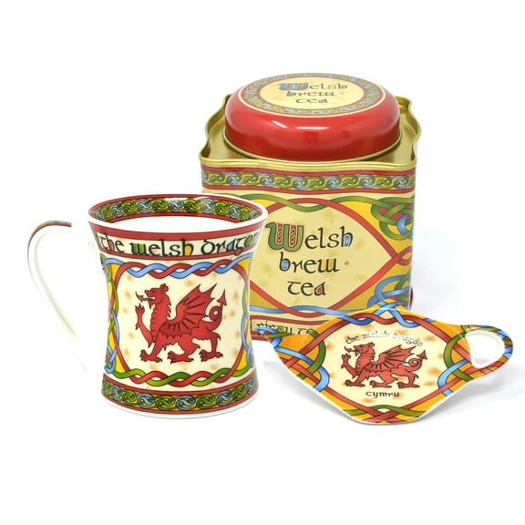 Royal Tara Wels Dragon Set Gift of Welsh Brew 50 Teabags in Reusable Tin, Welsh Dragon Mug/Cup & Welsh Dragon Teabag Holder