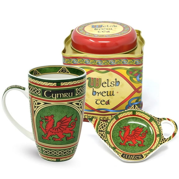 Royal Tara Welsh Red Dragon Set of Welsh Red Dragon Mug/Cup & Teabag Holder & Welsh Brew 50 Teabags in Reusable Tin | Celtic Design Gift