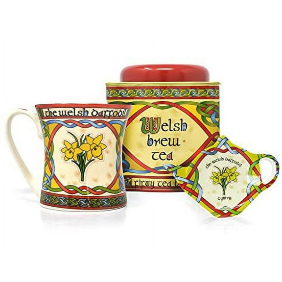 Royal Tara Welsh Set - 1 Welsh Daffodil Mug/Cup, 1 Welsh Teabag Holder & 1 Welsh Brew Tea 50 Teabags Blend | Celtic Design Gift