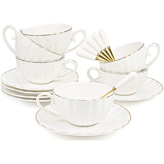 Royal Tea Cups and Saucers Set 6Pack, Fine Ceramic with Gold Trim