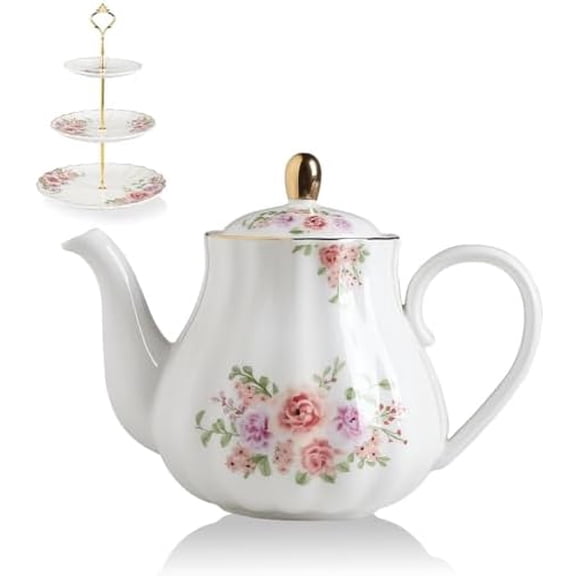 Royal Teapot, Ceramic Tea Pot with Removable Stainless Steel Infuser, Blooming & Loose Leaf Teapot with Cake Stand(Rose Flower$$Home Decor, Kitchen, & Other