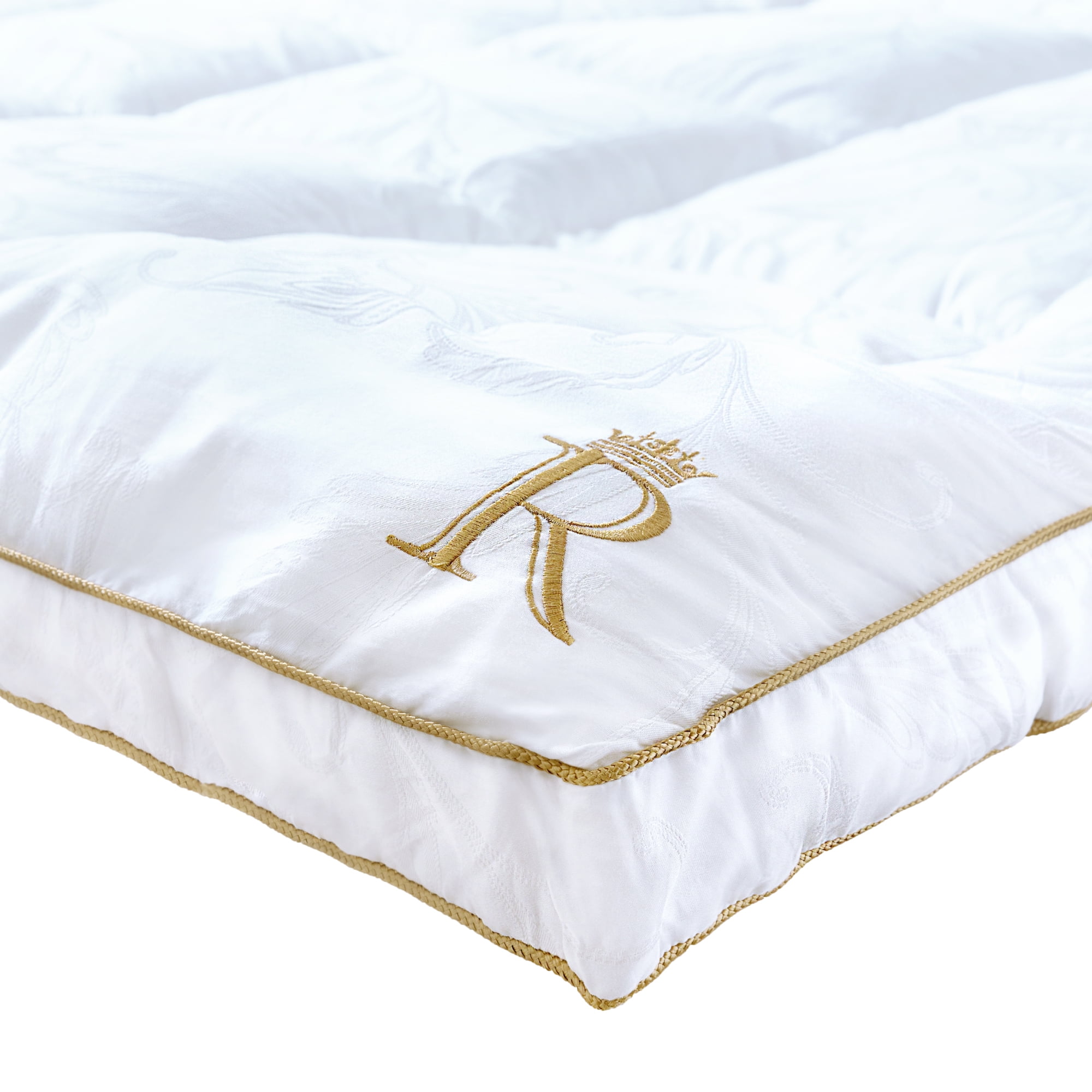 Queen Size White Cotton Mattress Topper with Gold Trim