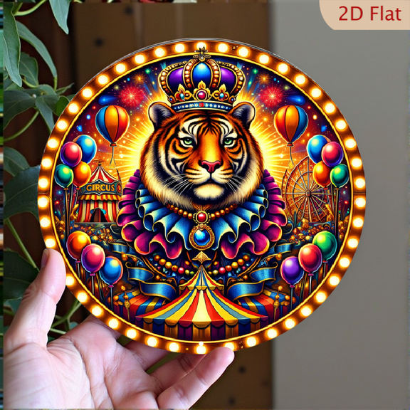 Royal Tiger Circus Circular Aluminum Wall Art, Psychedelic Carnival Print 8x8 Inch Metal Decor