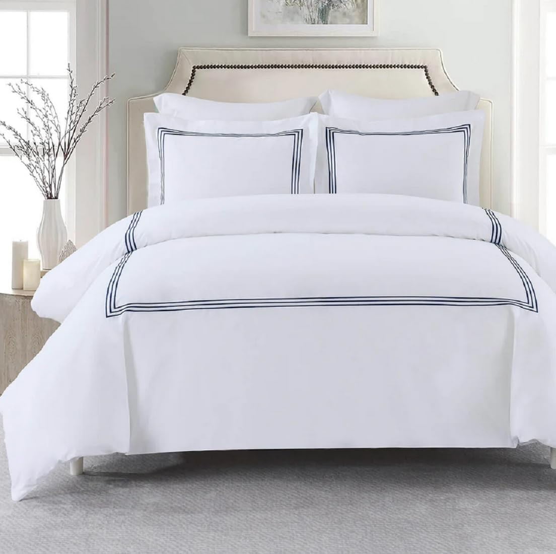 Navy Embroidered Cotton Twin/Twin XL Duvet Cover Set