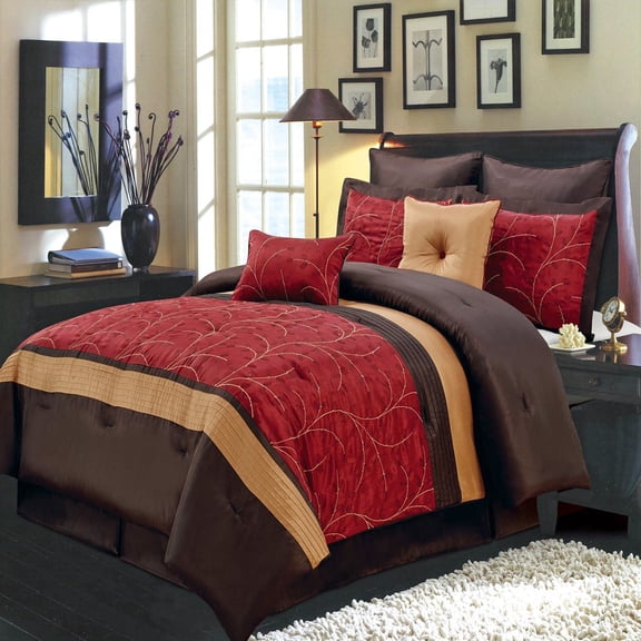 Royal Tradition Atlantis Red, Gold and Chocolate Luxury 12 Piece Comforter Set - Olympic Queen Size