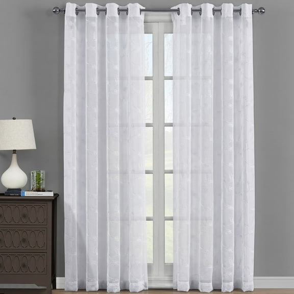 Brook Embroidered Grommet Top Sheer Window Curtain Pair (Set of 2 )- 63" Long - White