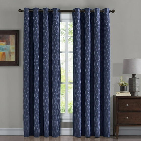 Pair Victoria 100% Blackout Curtain Panels Jacquard Thermal Insulated ( Set Of 2)- 108X84 - Navy