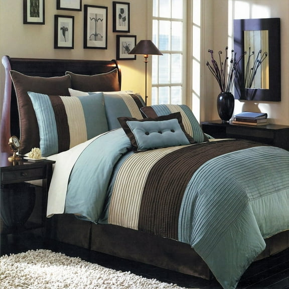 Royal Tradition Hudson 8 Piece Blue Complete Comforter Set Geometric Pattern - Queen size