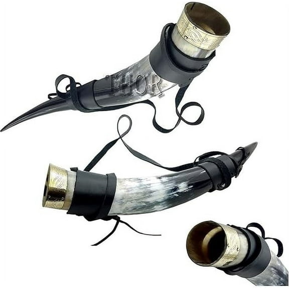 Royal Viking Drinking Horn with Leather Shoulder Strap for Beer Wine Ale and Mead Viking Drinking Large Horn Mug | Handmade Drinking Horn 3x16 to 18 inches 18oz Genuine Handcrafted
