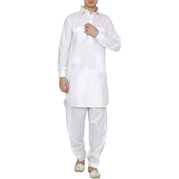 Royal White Cotton Blend Pathan Suit For Men