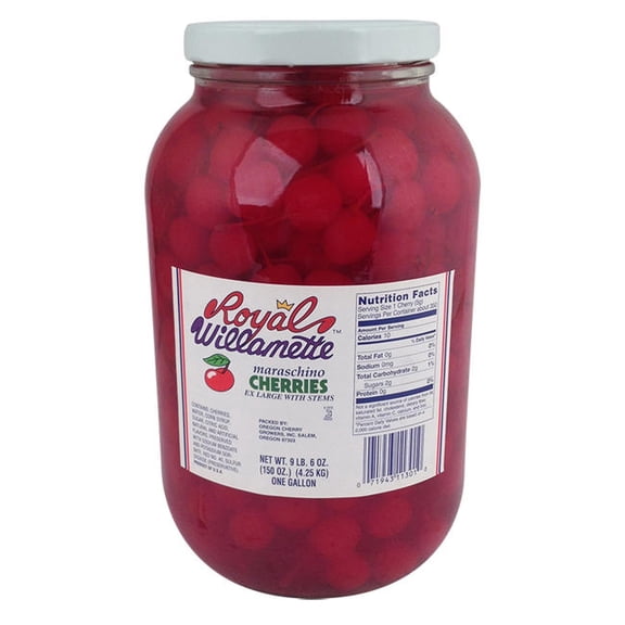 Royal Willamette Red Maraschino Cherry Extra Large with Stem cs 4/150 oz