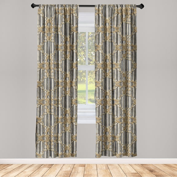 Royal Window Curtains, Abstract Art Modern Floral Design Vintage Shapes on Bitonal Striped Backdrop, Lightweight Decor 2-Panel Set with Rod Pocket, Pair of - 28"x63", Dark Mustard Amber, by Ambesonne