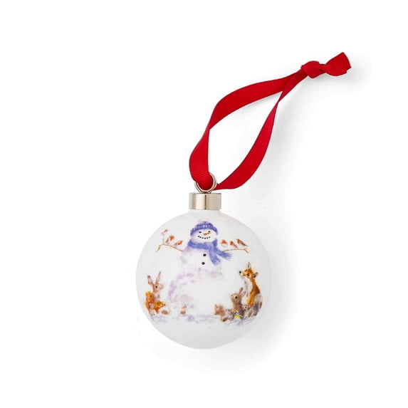Royal Worcester Christmas Tree Ornament - Gathered Around Bauble with Snowman Motif, Fine Bone China Festive Holiday Decorations, Hand-Painted Whimsical Animal Theme for Seasonal Home Decor