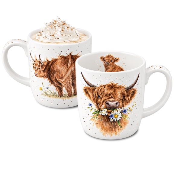 Royal Worcester Wrendale Designs Daisy Coo Mug Set of 2 – 14 Oz Fine Bone China Coffee & Tea Cups with Gentle Cow & Daisy Illustration, Comfortable Handle, Microwave & Dishwasher Safe Drinkware