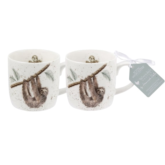 Royal Worcester Wrendale Designs Hanging Around 14 Oz Mug Set of 2 – Fine Bone China Coffee & Tea Cups with Cheerful Sloth Illustration, Comfortable Handle, Microwave & Dishwasher Safe Drinkware