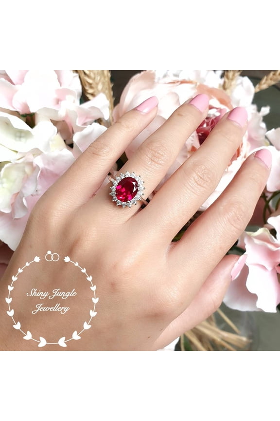 Royal halo design genuine lab grown ruby engagement ring, July birthstone promise ring,