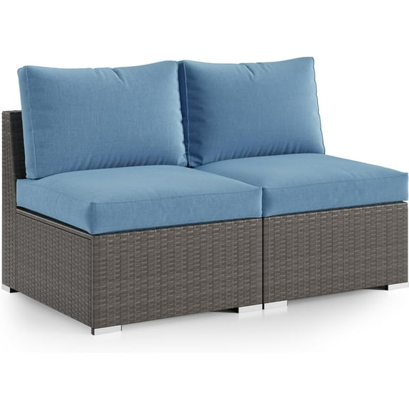RoyalCarft 2 Piece Patio Armless Sofa, Outdoor Wicker Sectional Furniture with Cushion, Additional Loveseats for Garden Backyard, Blue