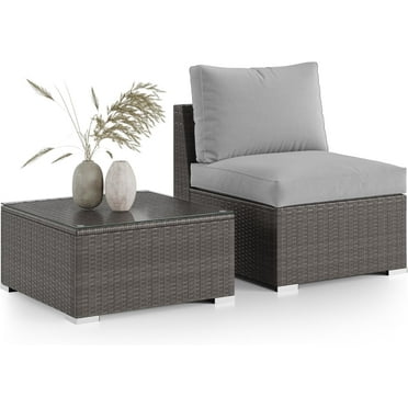 RoyalCarft 2 Pieces Patio Furniture Sets, Outdoor Sectional Furniture with Armless Sofa, Tempered Glass Table and Cushion, Patio Conversation Sets for Garden Backyard, Grey