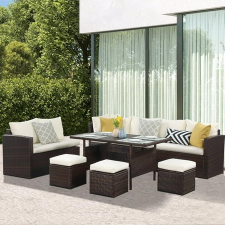 RoyalCarft 7 Pcs Outdoor Conversation Set All Weather Wicker Sectional Sofa Set Dining Table Chair and Ottoman,Steel Frame,Brown