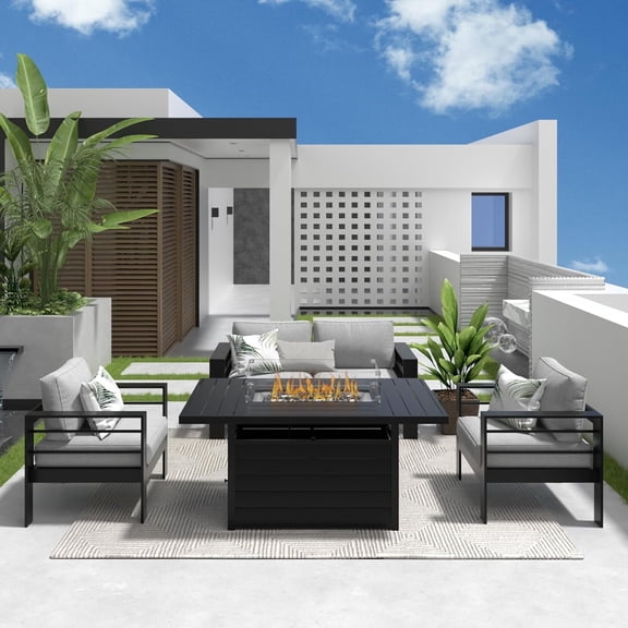 RoyalCarft Aluminum Patio Furniture Set with Fire Pit Table, 4 Piece Metal Outdoor Furniture with Water-Resistant Cushions, Modern Patio Conversation Set for Backyard,Black Frame and Grey Cushion