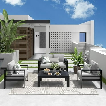 RoyalCarft Outdoor Aluminum Furniture Set - 4 Pieces Patio Sectional Chat Sofa Conversation Set with Table,Black Frame and Grey Cushion