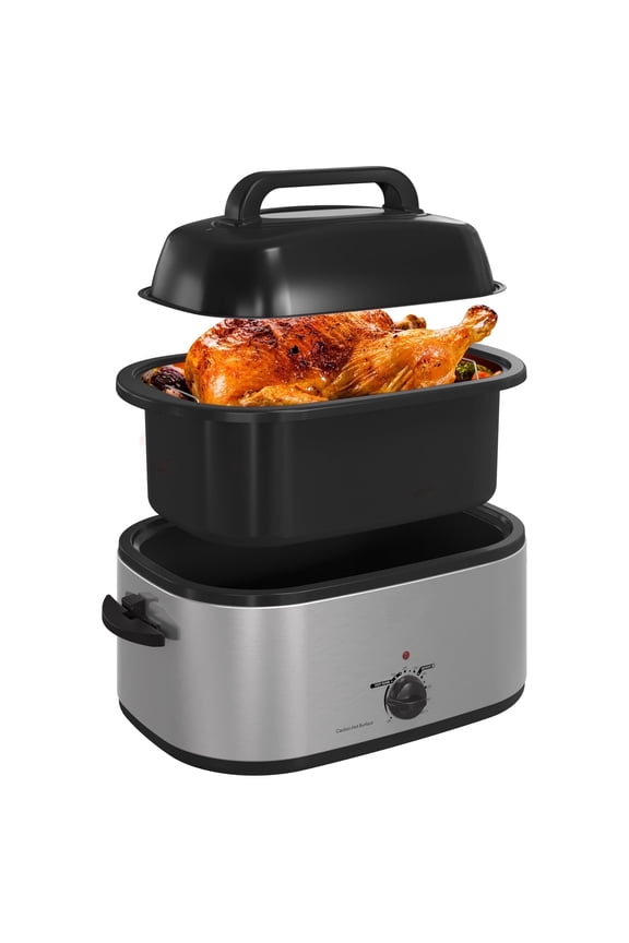 Royalcraft 24 Quart Electric Turkey Roaster Oven with Visible Glass Lid,Removable Pan & Rack, Stainless Steel, Silver