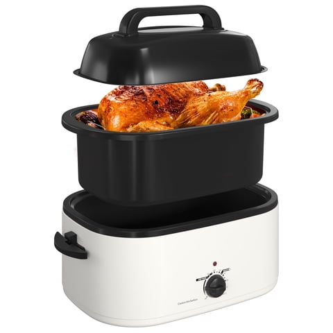 Royalcraft 24 Quart Electric Turkey Roaster Oven with Visible Glass Lid,Removable Pan & Rack, Stainless Steel, White