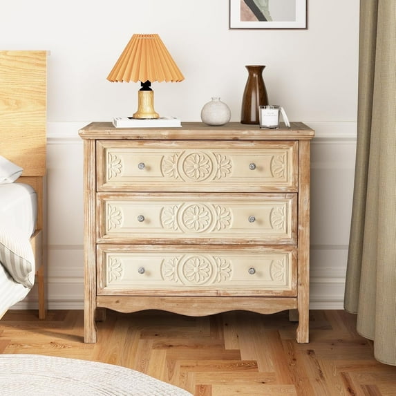 RoyalCraft 3 Drawer Dresser, Accent Chest of Drawers, Large Capacity Vintage Storage Cabinet, Nightstand Organizer for Bedroom, Living Room