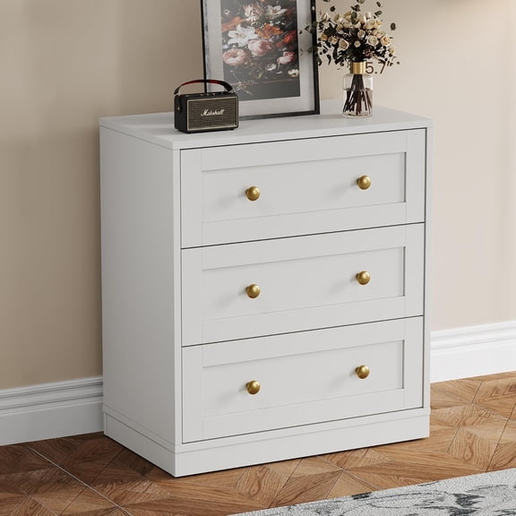 RoyalCraft 3 Drawer Nightstand, Large Bedside Table with Golden Round Knobs, Modern Wood End Table, Accent Side Table Chest of Drawers for Bedroom, Living Room, Hallway, Closet, White