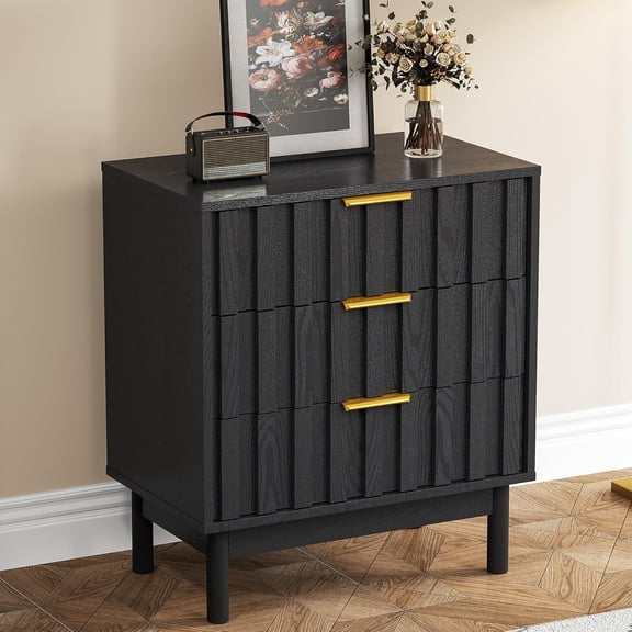 RoyalCraft 3 Drawer Nightstand, Modern Fluted Chest of Drawers, Wooden Storage Night Stand Side Table with Chic Edge Pull, Perfect for Bedroom, Living Room, Entryway, Black