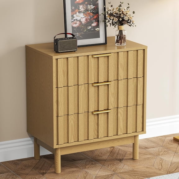 RoyalCraft 3 Drawer Nightstand, Modern Fluted Chest of Drawers, Wooden Storage Night Stand Side Table with Chic Edge Pull, Perfect for Bedroom, Living Room, Entryway, Natural Wood Tone