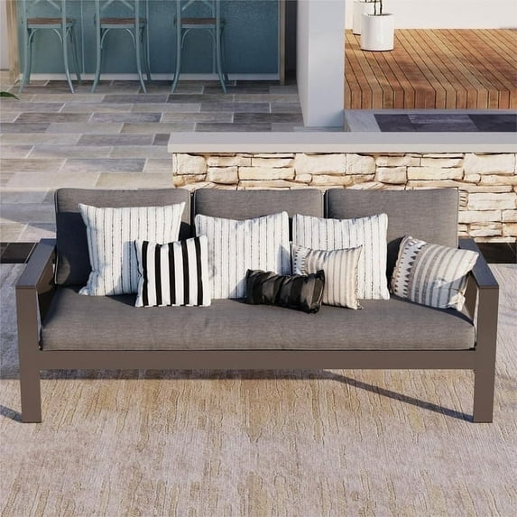 RoyalCraft 3-Seat Aluminum Outdoor Patio Sofa Furniture Set With Faux Wooden, Aluminum Outdoor Loveseat Sofa Chair Conversation Furniture With Removable Cushions, Gray