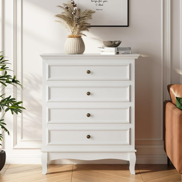RoyalCraft 4 Drawer Dresser, Large Storage Chest with Ball Bearing Slide, Modern Wood Dresser for Bedroom,Hallway, Entryway, White