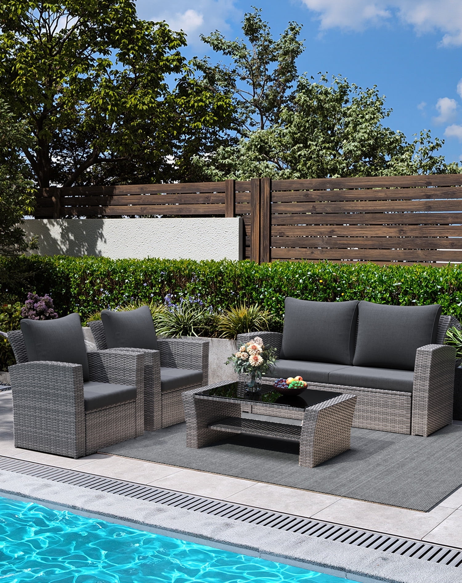 RoyalCraft 4 Piece Outdoor Patio Furniture Sets, Wicker Conversation Set for Porch Deck, Grey Rattan Sofa Chair with Cushion