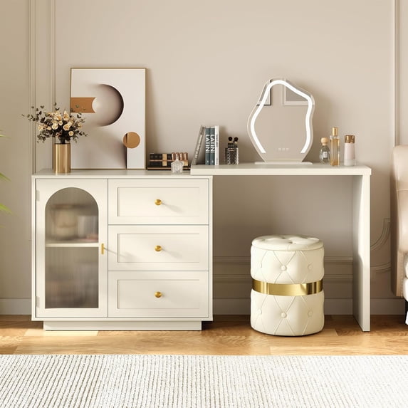 RoyalCraft 59” Makeup Vanity Desk, White Vanity Dresser Combo, Modern Corner Makeup Table with 3 Drawer & 1 Door, Wood Dressing Table for Women Girlfriend, Vanity for Bedroom (Without Mirror)
