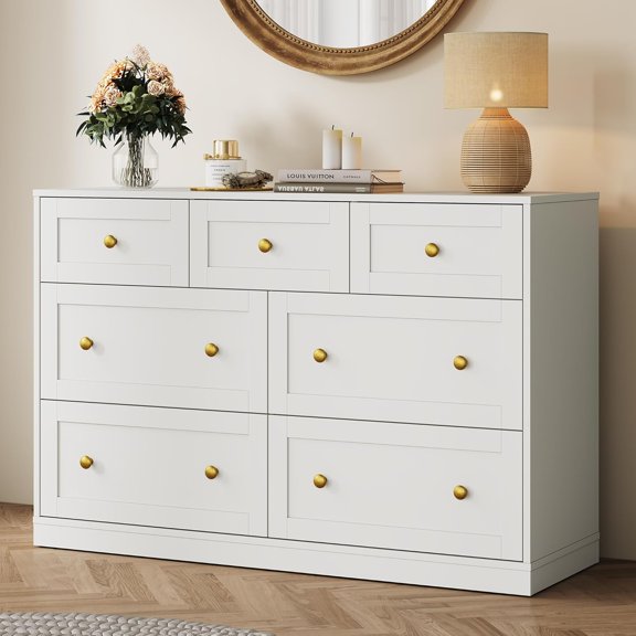 RoyalCraft 7 Drawer Dresser, 47'' Wide Modern Chest of Drawers with Gold Knobs, Wooden TV Stand Storage Organizer for Bedroom, Living Room, Entryway, White